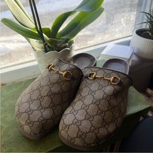 Beige Monogram Clogs with Gold Detail